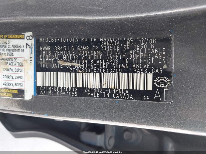 TOYOTA MATRIX 2007 VIN 2T1KR30EX7C643709