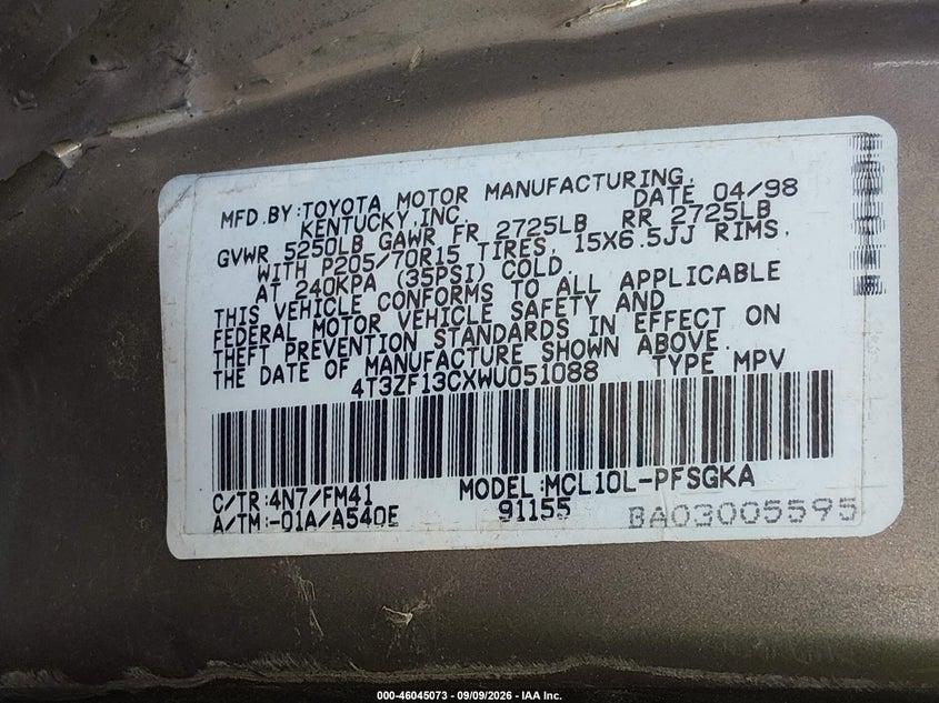 TOYOTA SIENNA 1998 VIN 4T3ZF13CXWU051088