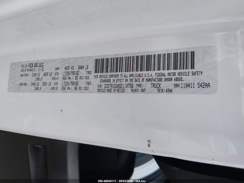 RAM PROMASTER 2500 2016 VIN 3C6TRVDG0GE110756