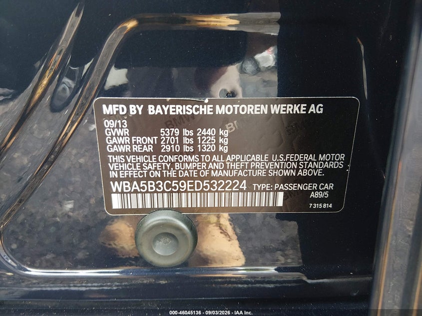 BMW 535I 2014 VIN WBA5B3C59ED532224
