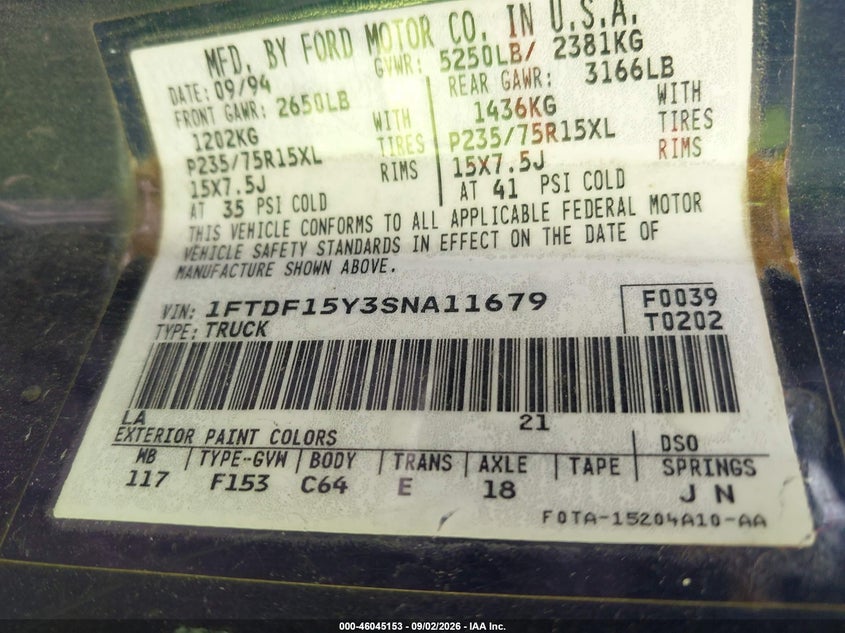 FORD F150 1995 VIN 1FTDF15Y3SNA11679