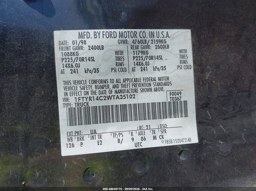 FORD RANGER 1998 VIN 1FTYR14C2WTA35102