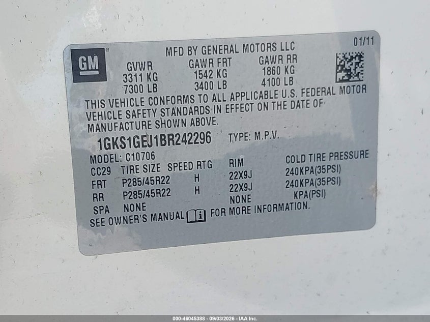 GMC YUKON HYBRID 2011 VIN 1GKS1GEJ1BR242296