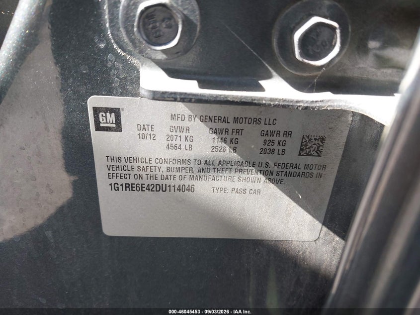 CHEVROLET VOLT 2013 VIN 1G1RE6E42DU114046