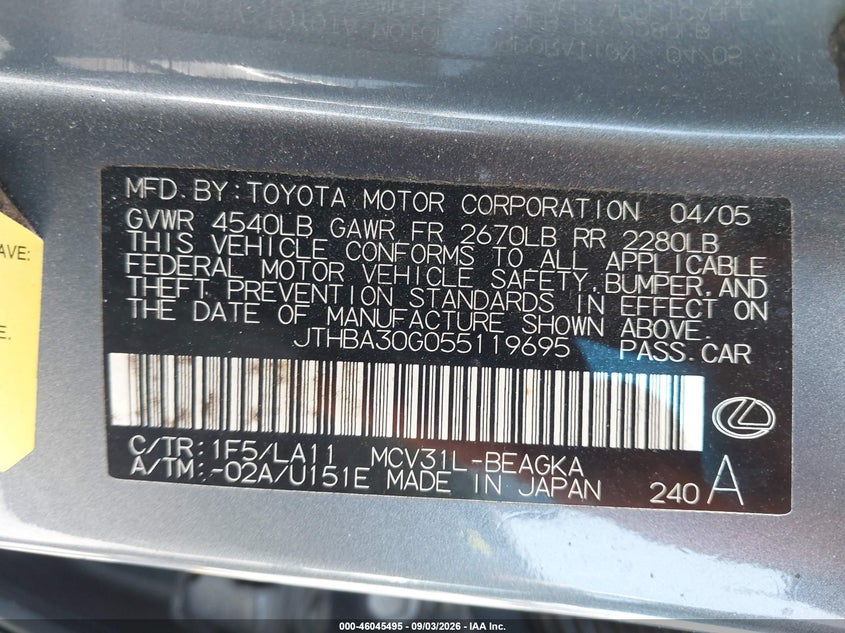 LEXUS ES 330 2005 VIN JTHBA30G055119695