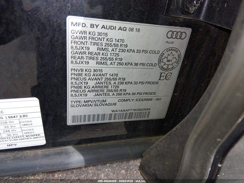 AUDI Q7 2019 VIN WA1AAAF71KD003569