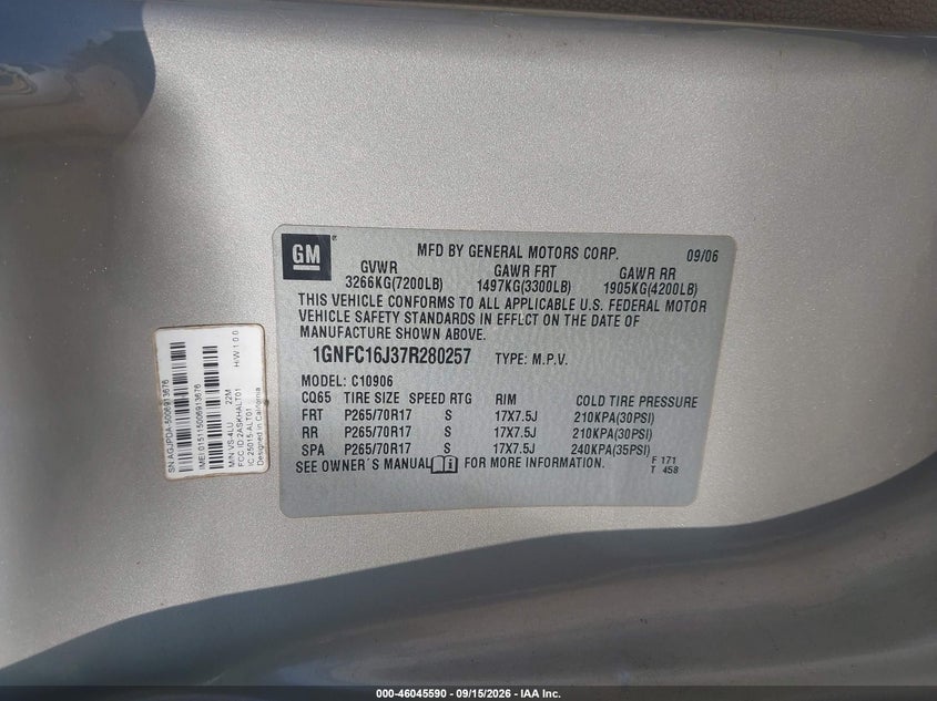 CHEVROLET SUBURBAN 1500 2007 VIN 1GNFC16J37R280257