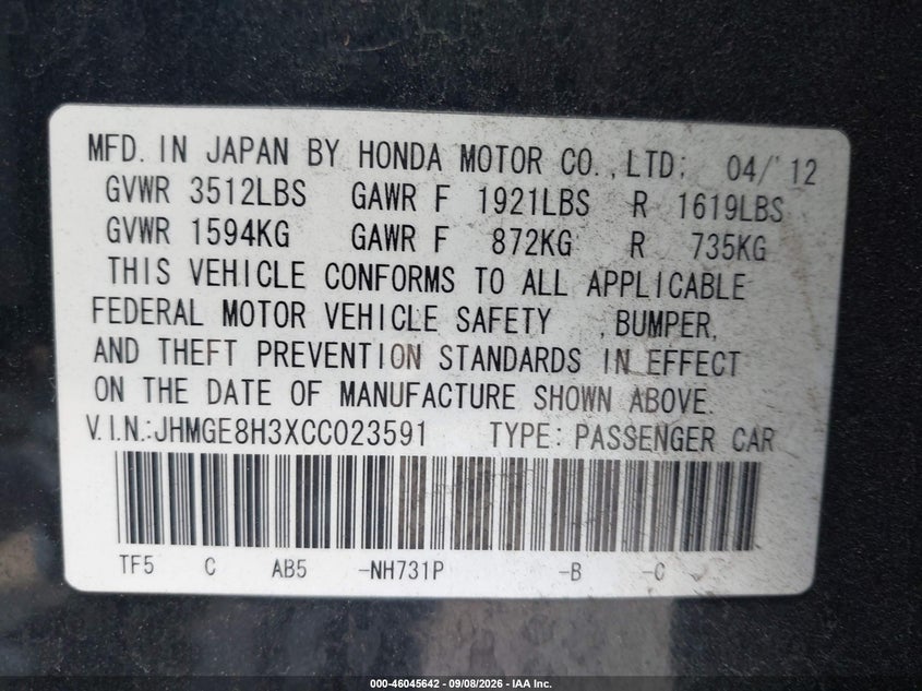 HONDA FIT 2012 VIN JHMGE8H3XCC023591