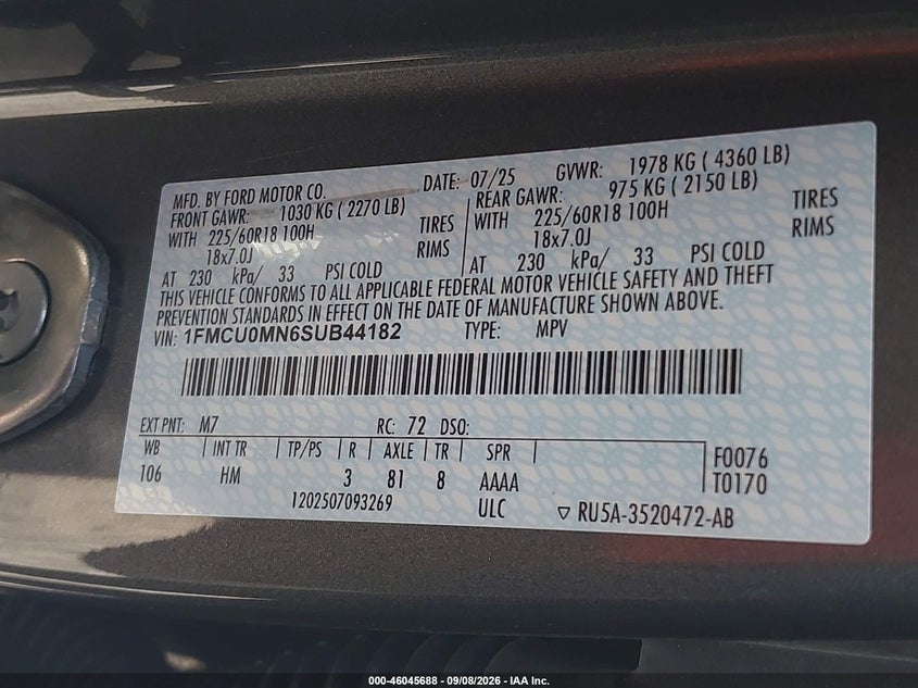 2025 FORD ESCAPE SPORT UTILITY VEHICLE 1.5L I-3 DI, DOHC, VVT, TURBO, PREMIUM , 180HP