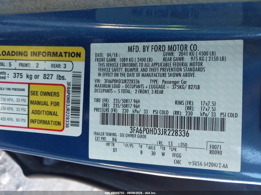 2018 FORD FUSION SEDAN 1.5L I4 FI DOHC 16V NF4