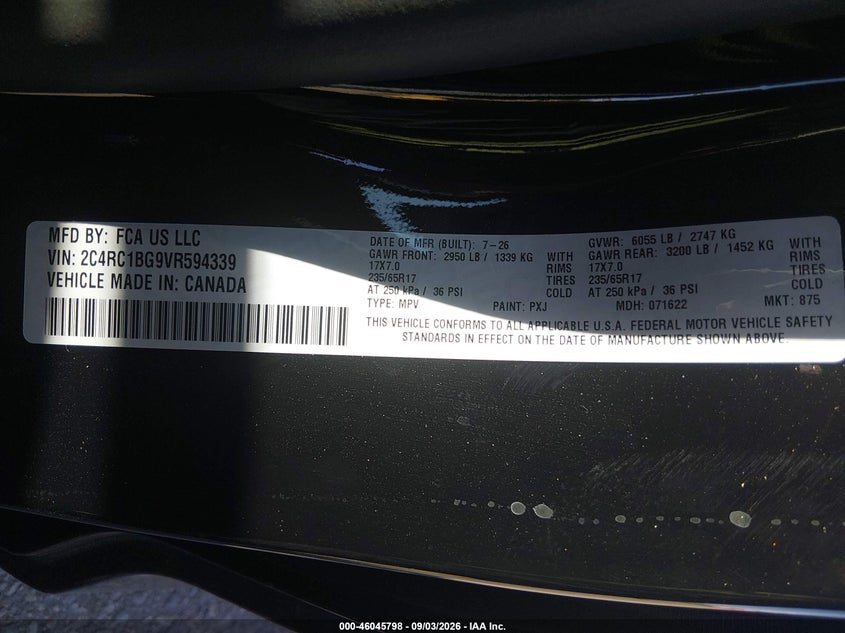 CHRYSLER PACIFICA 2027 VIN 2C4RC1BG9VR594339