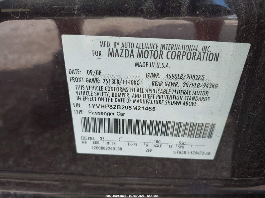 MAZDA 6 2009 VIN 1YVHP82B295M21465