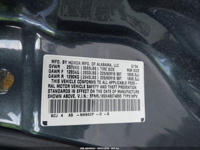HONDA ODYSSEY 2004 VIN 5FNRL189X4B074895