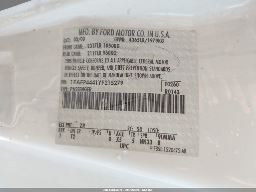 FORD MUSTANG 2000 VIN 1FAFP4441YF215279