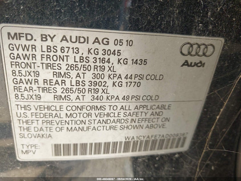 AUDI Q7 2010 VIN WA1CYAFE7AD008387