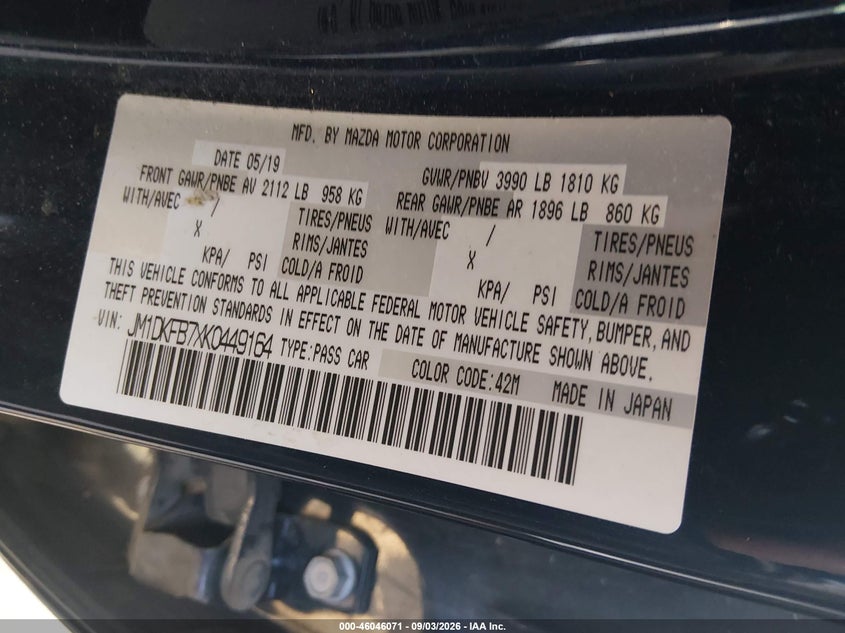 MAZDA CX-3 2019 VIN JM1DKFB7XK0449164
