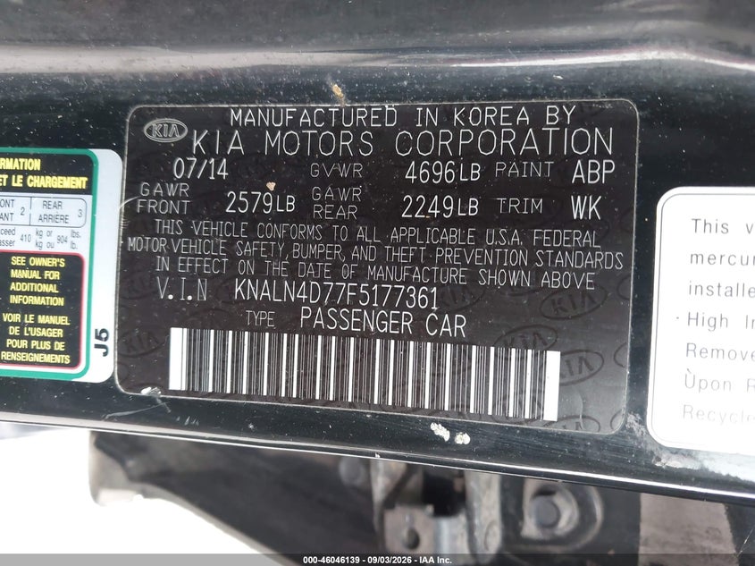 KIA CADENZA 2015 VIN KNALN4D77F5177361