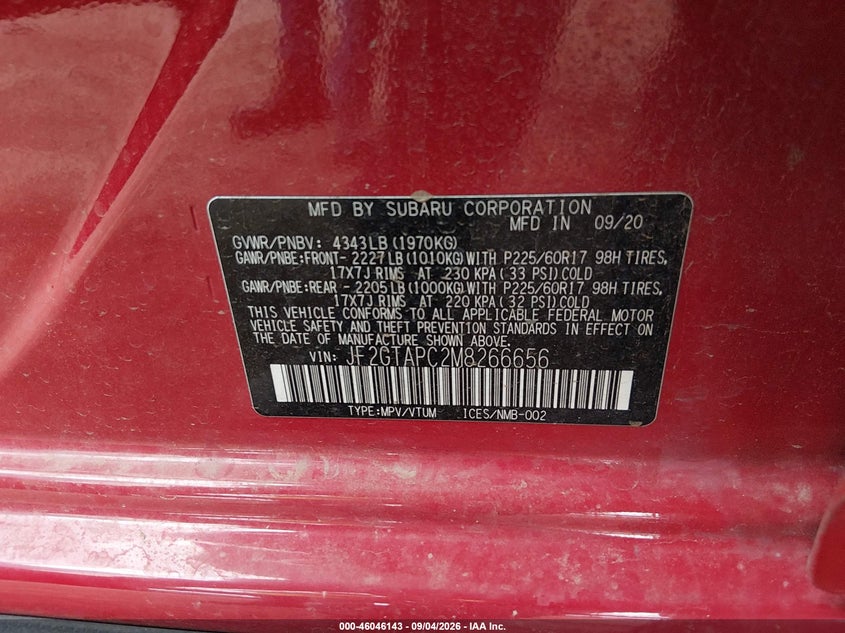 SUBARU CROSSTREK 2021 VIN JF2GTAPC2M8266656