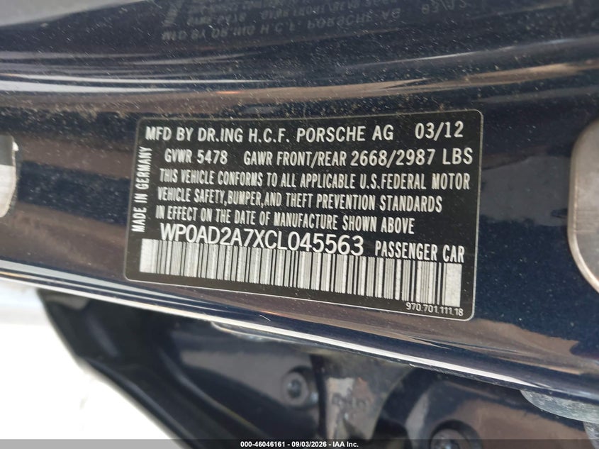 PORSCHE PANAMERA HYBRID 2012 VIN WP0AD2A7XCL045563