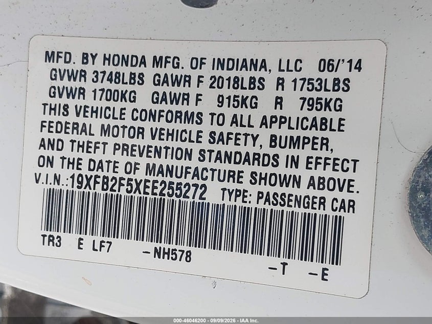 2014 HONDA CIVIC SEDAN 1.8L I-4 VVT, REGULAR , 143HP