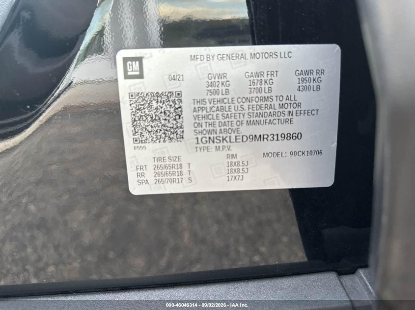 CHEVROLET TAHOE 2021 VIN 1GNSKLED9MR319860