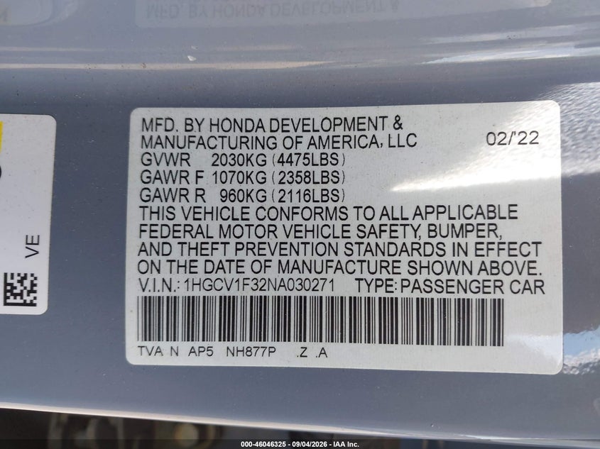 HONDA ACCORD 2022 VIN 1HGCV1F32NA030271