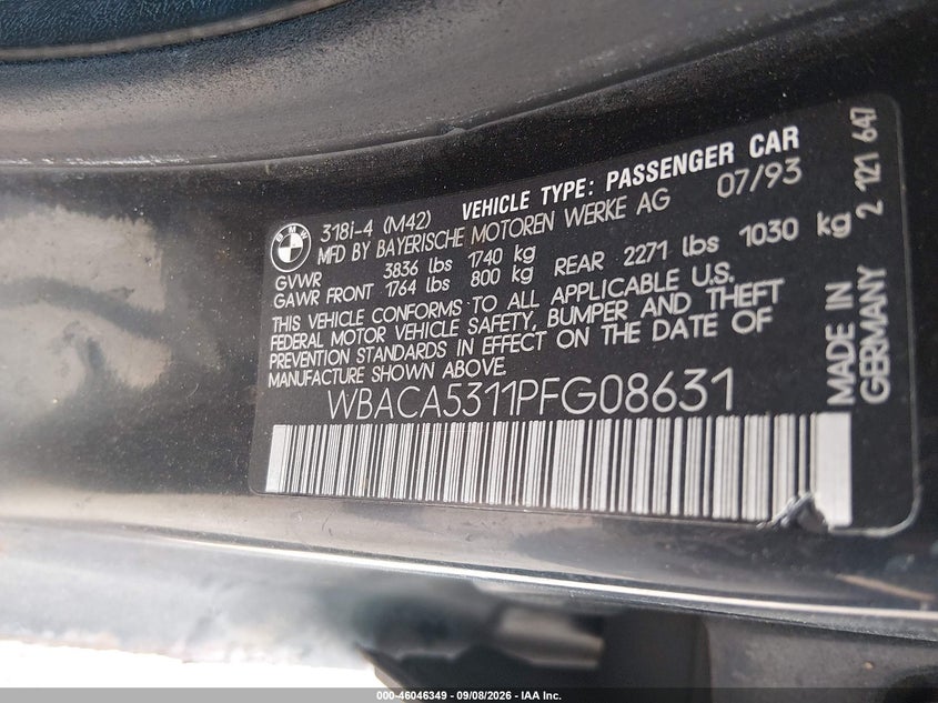 BMW 318 1993 VIN WBACA5311PFG08631