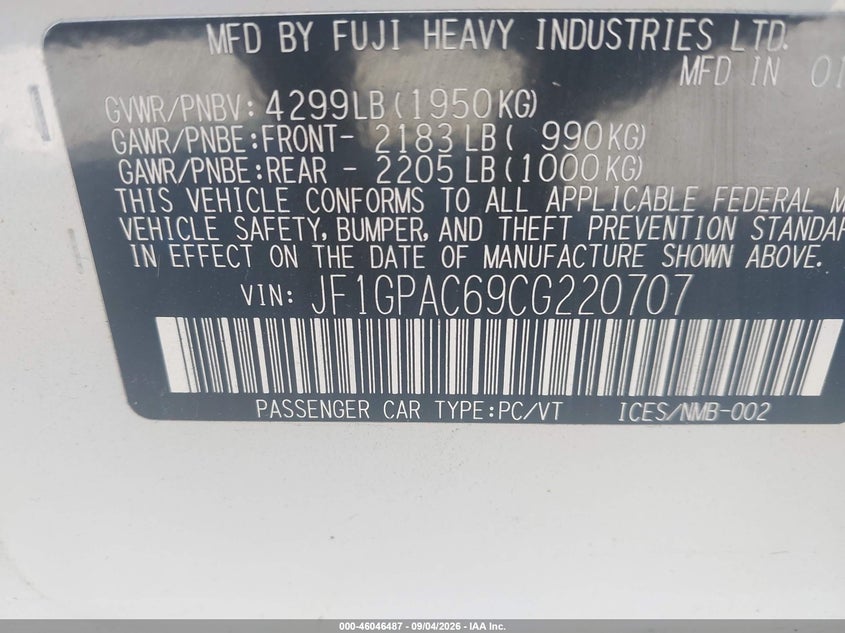 SUBARU IMPREZA 2012 VIN JF1GPAC69CG220707