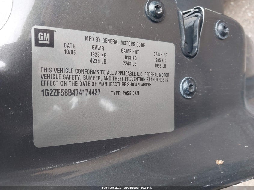 PONTIAC G6 2007 VIN 1G2ZF58B474174427