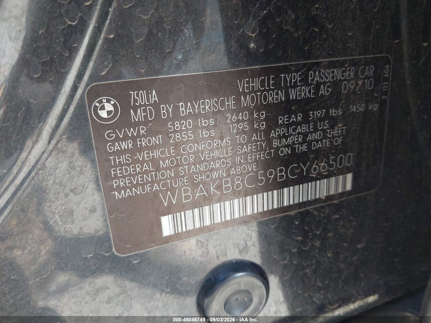 BMW 750LI 2011 VIN WBAKB8C59BCY66500