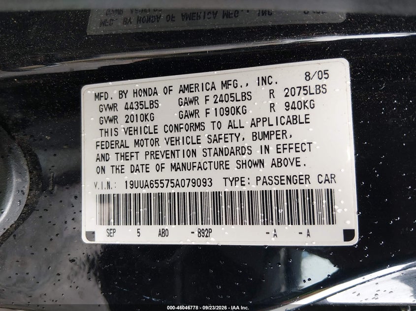 ACURA TL 2005 VIN 19UUA65575A079093
