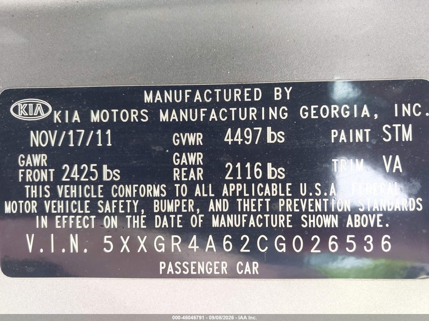 KIA OPTIMA 2012 VIN 5XXGR4A62CG026536