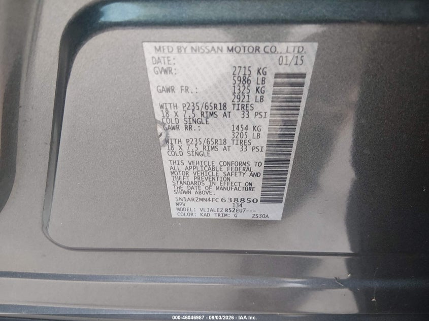 2015 NISSAN PATHFINDER SPORT UTILITY VEHICLE 3.5L V-6 DOHC, VVT, REGULAR , 260HP