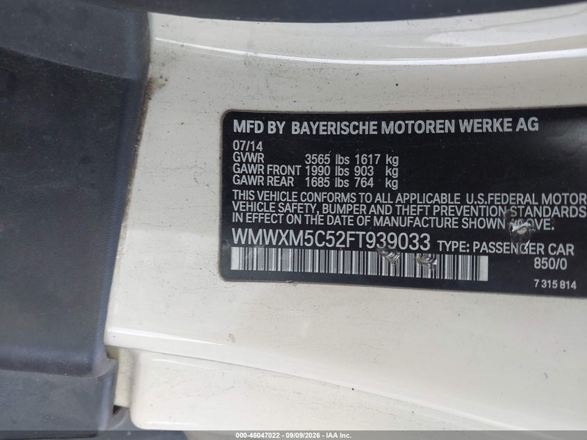 MINI HARDTOP 2015 VIN WMWXM5C52FT939033