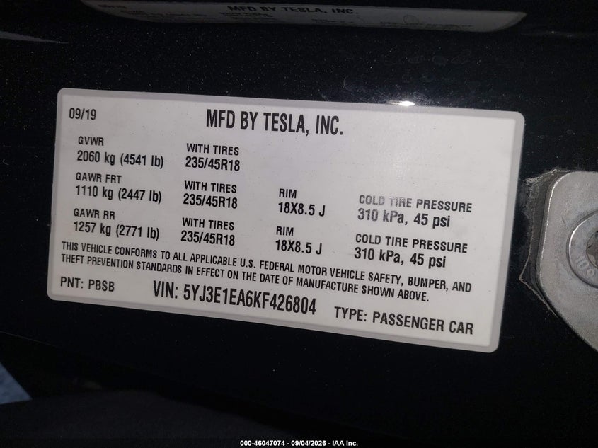 TESLA MODEL 3 2019 VIN 5YJ3E1EA6KF426804