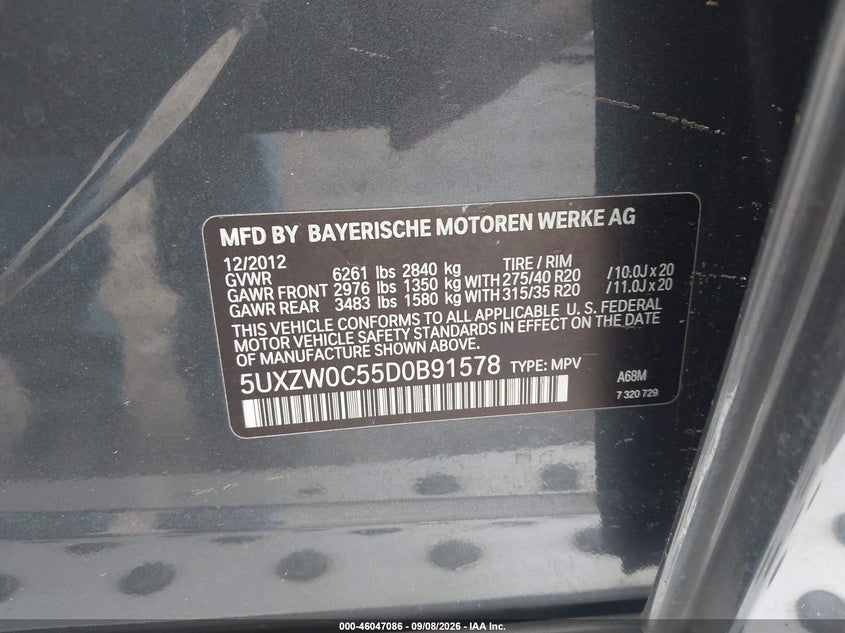 BMW X5 2013 VIN 5UXZW0C55D0B91598