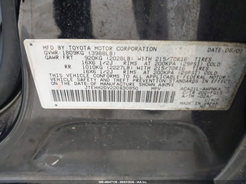 2002 TOYOTA RAV 4 SPORT UTILITY VEHICLE 2.0L I-4 DOHC, VVT, REGULAR , 148HP