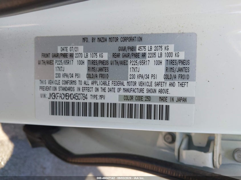 MAZDA CX-5 2021 VIN JM3KFACM5M0450784