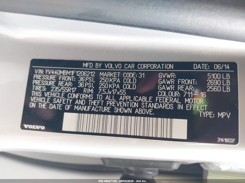 VOLVO XC70 2015 VIN YV440MBM1F1206212
