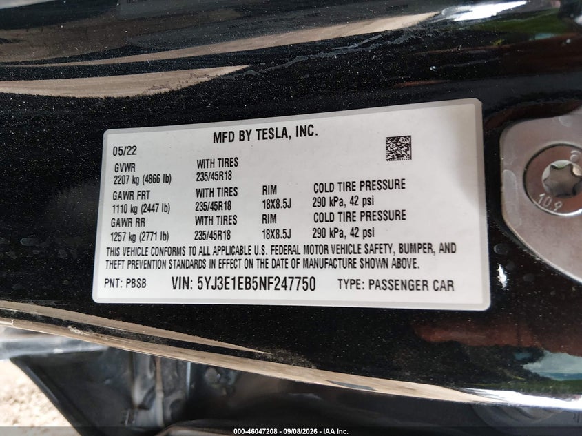 TESLA MODEL 3 2022 VIN 5YJ3E1EB5NF247750