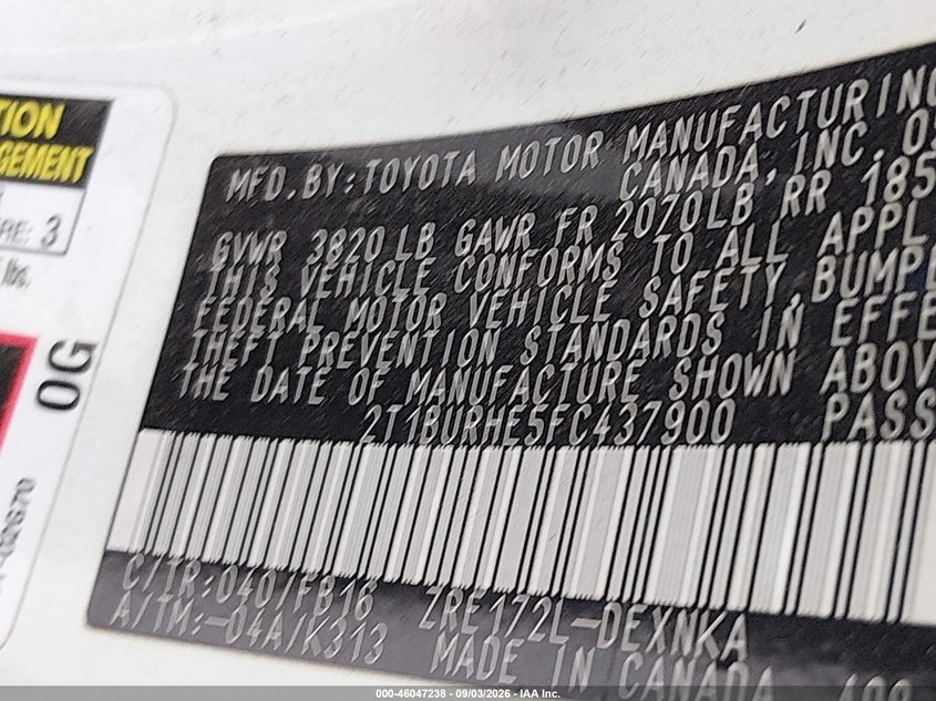2015 TOYOTA COROLLA SEDAN 1.8L I-4 DOHC, VVT, 132HP