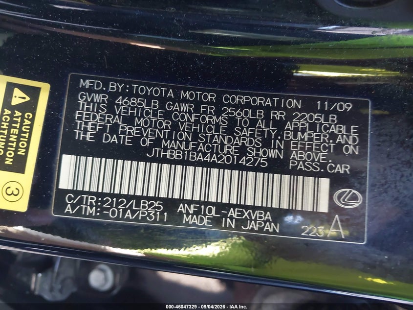 LEXUS HS 250H 2010 VIN JTHBB1BA4A2014275