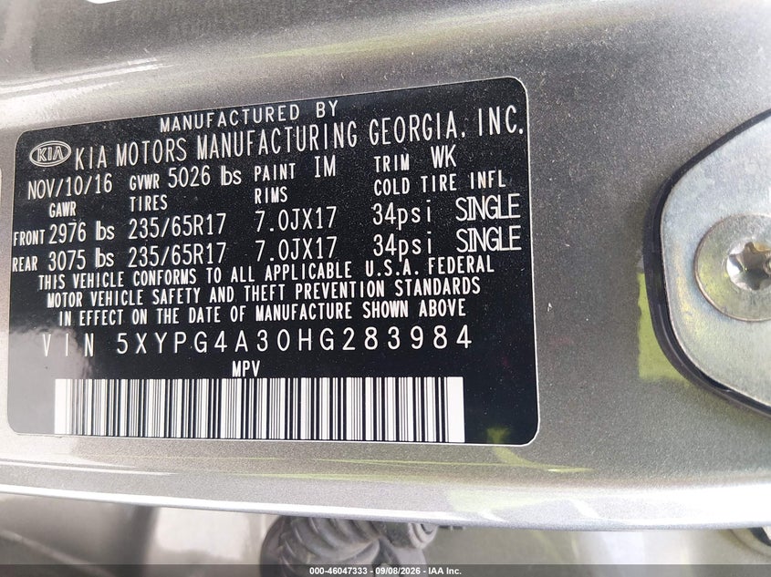 KIA SORENTO 2017 VIN 5XYPG4A30HG283984