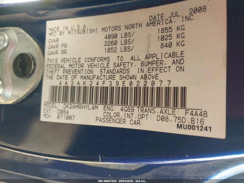 MITSUBISHI ECLIPSE 2009 VIN 4A3AK24F39E022077
