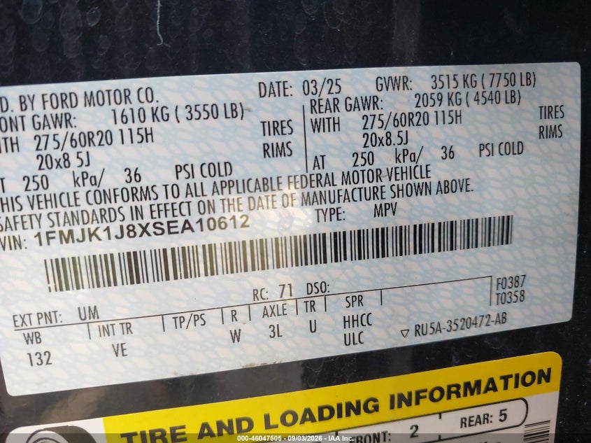 FORD EXPEDITION 2025 VIN 1FMJK1J8XSEA10612