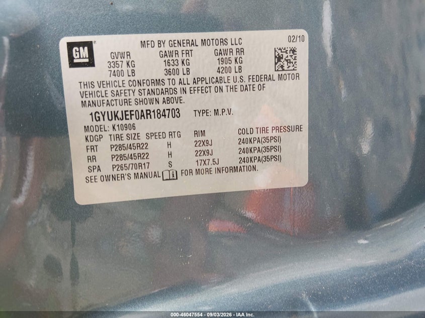 CADILLAC ESCALADE ESV 2010 VIN 1GYUKJEF0AR184703