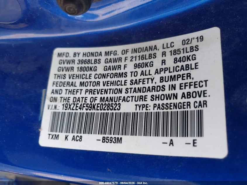 HONDA INSIGHT 2019 VIN 19XZE4F59KE028523