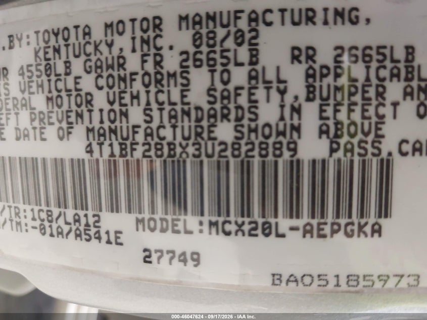 TOYOTA AVALON 2003 VIN 4T1BF28BX3U282889