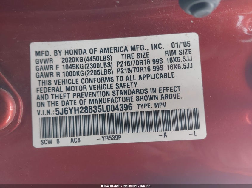 HONDA ELEMENT 2005 VIN 5J6YH28635L004396