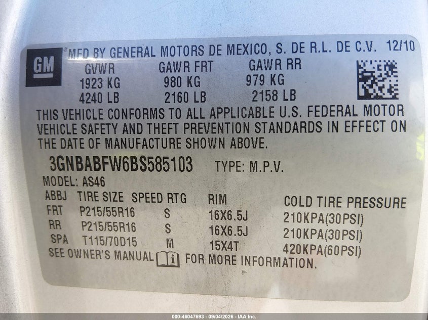 CHEVROLET HHR 2011 VIN 3GNBABFW6BS585103